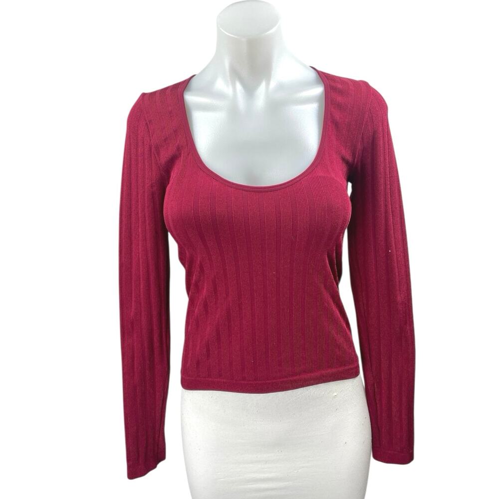 Free People Women's Red Rib Knit Scoop Neck Long Sleeve Crop Shirt Top Size XS/S